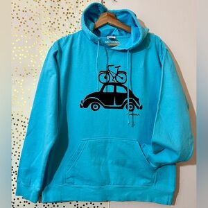 Marüshka Hand Screen Printed Blue Hoodie with Car and Bike size Medium